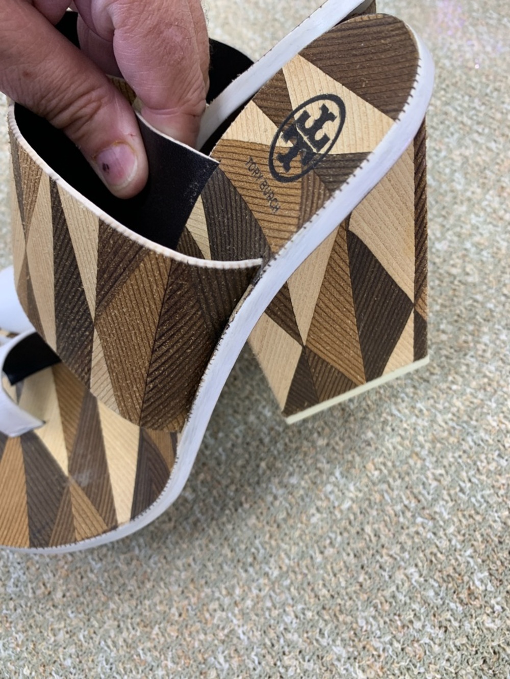 Tory Burch Brown and White Geometric Slide Sandals - Picture 6 of 8